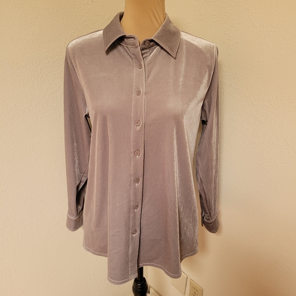 Soft Surroundings Silver Velvet Button-Up Shirt